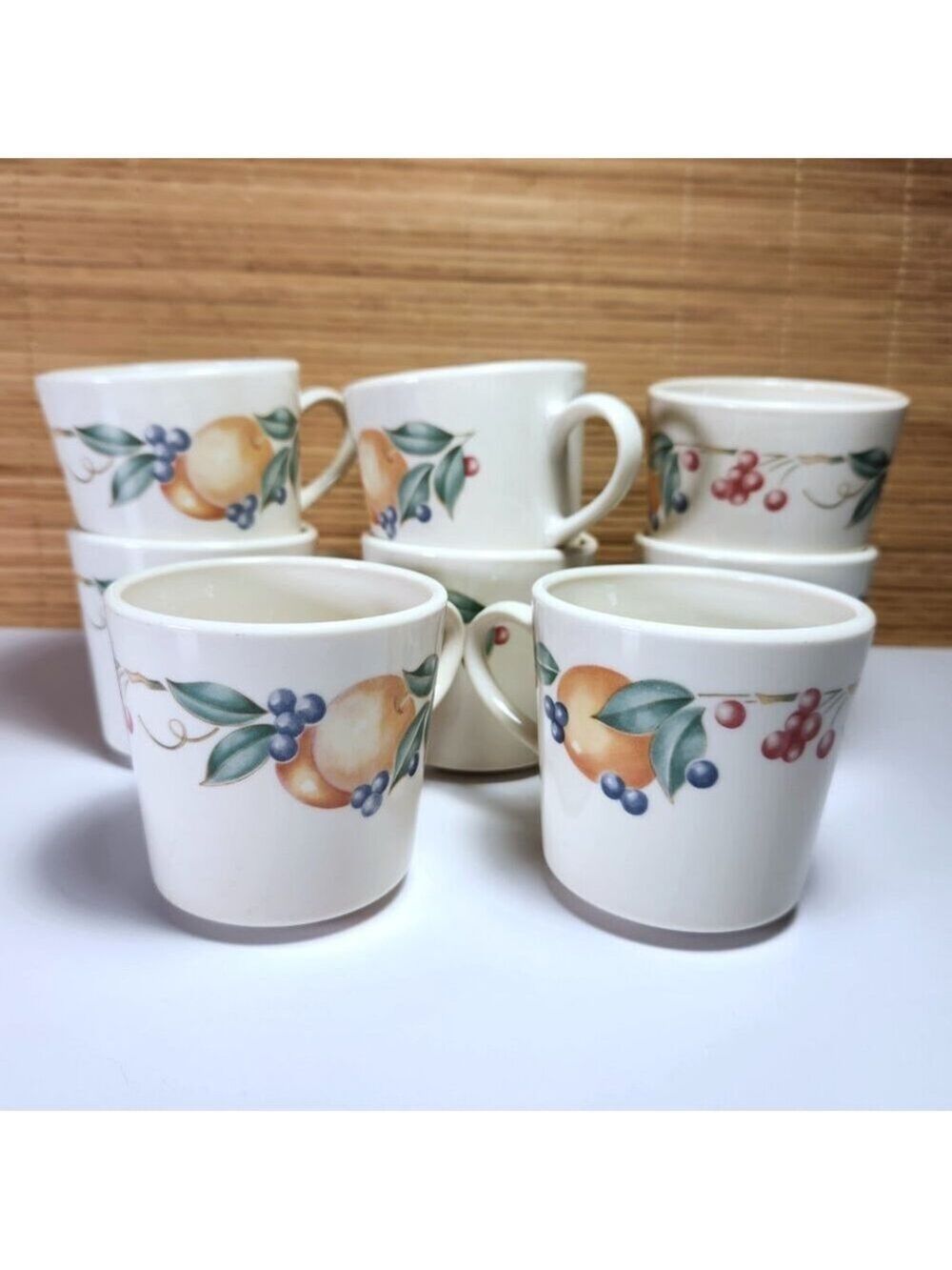 Corelle Abundance Coffee Mugs Set of 8 Peach Blueberry Corning USA Vintage 90s